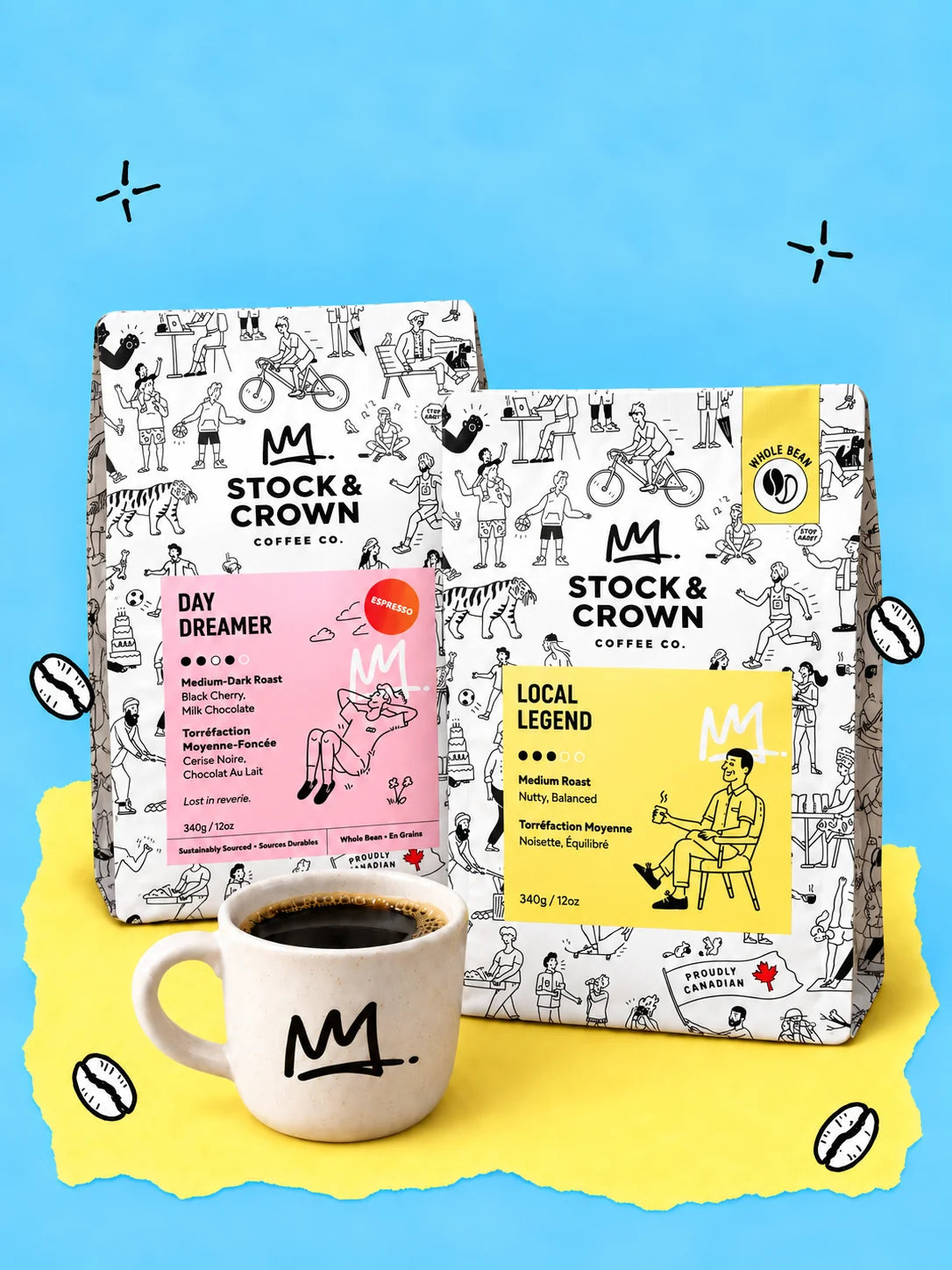 Local Legend and Day Dreamer coffee bags beside a crown-logo mug of coffee, with loose hand-drawn beans on a colourful blue and yellow background